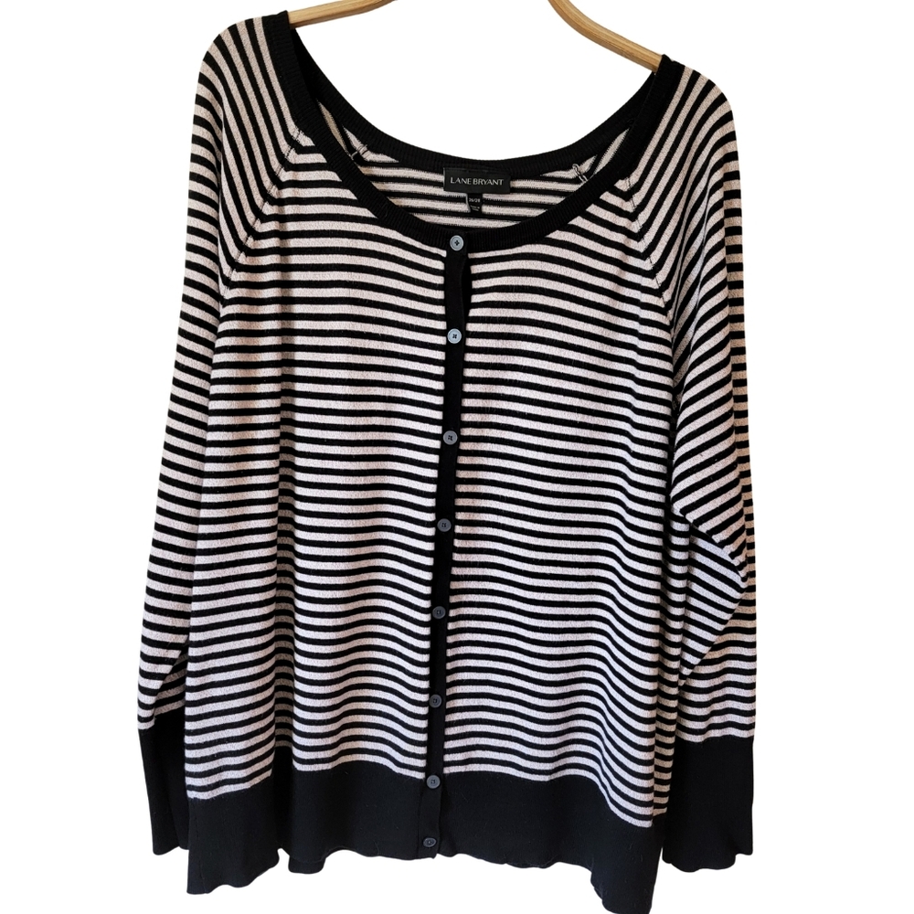 Lane Bryant Black & Cream With Gold Metalic Flakes Striped Cardigan Sz 26/28